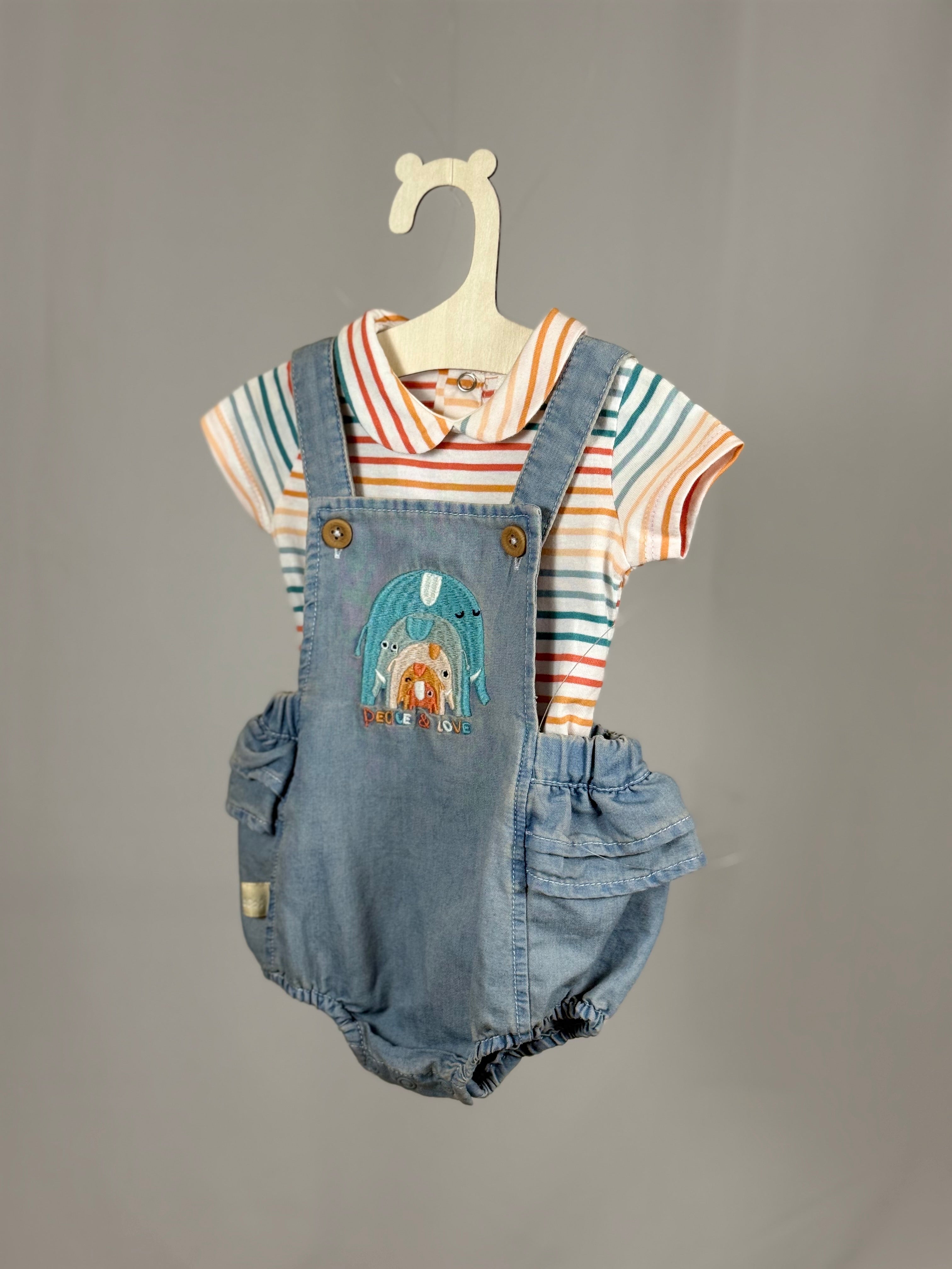 Completo Neonata 2 Pezzi Salopette Denim & T-Shirt Righe Multicolor