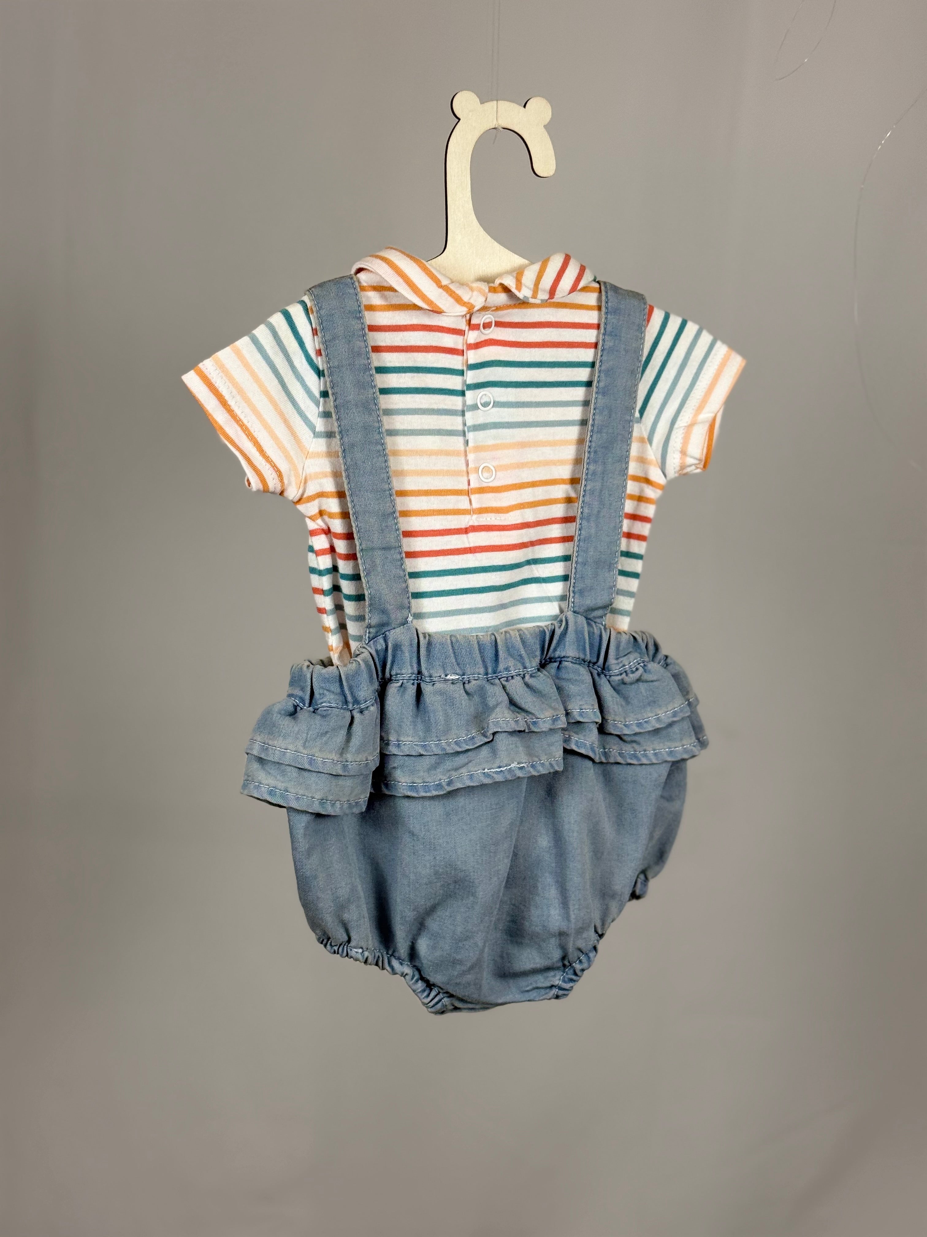 Completo Neonata 2 Pezzi Salopette Denim & T-Shirt Righe Multicolor