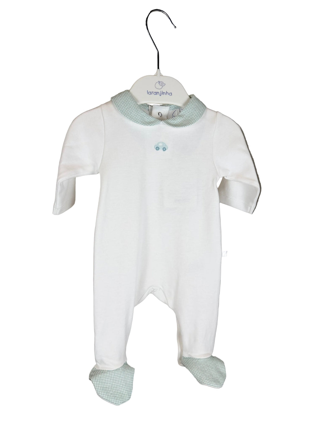 💚 Tutina neonato con colletto vichy e ricamo macchinina