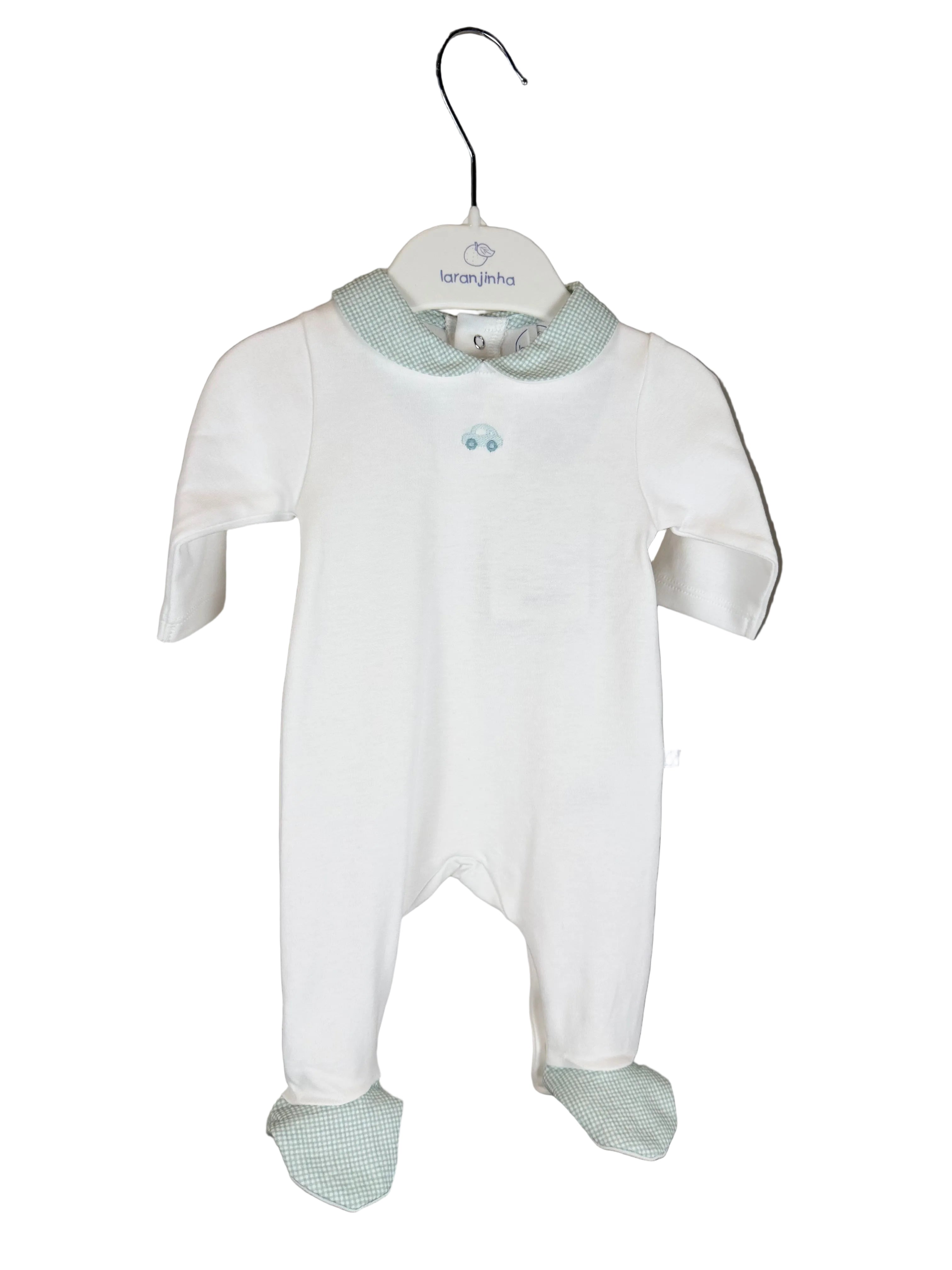 💚 Tutina neonato con colletto vichy e ricamo macchinina