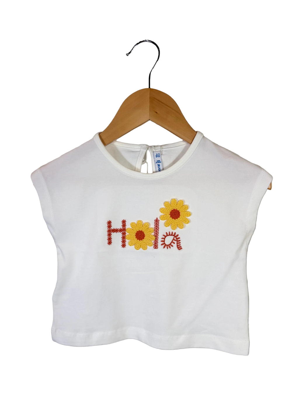 🌼 T-shirt bambina con ricamo floreale “Hola”