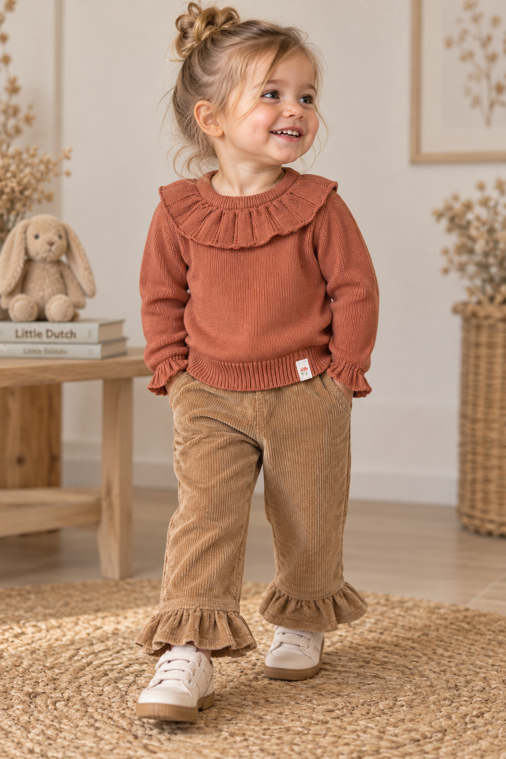 Pantaloni cammello in velluto a costine con volant