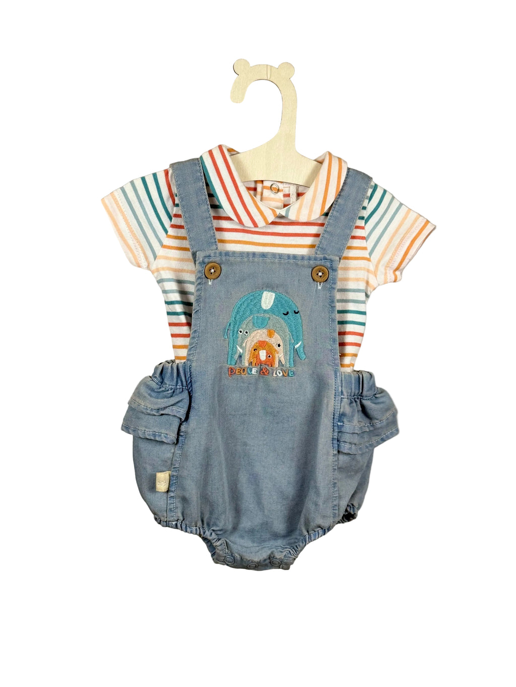 Completo Neonata 2 Pezzi Salopette Denim & T-Shirt Righe Multicolor