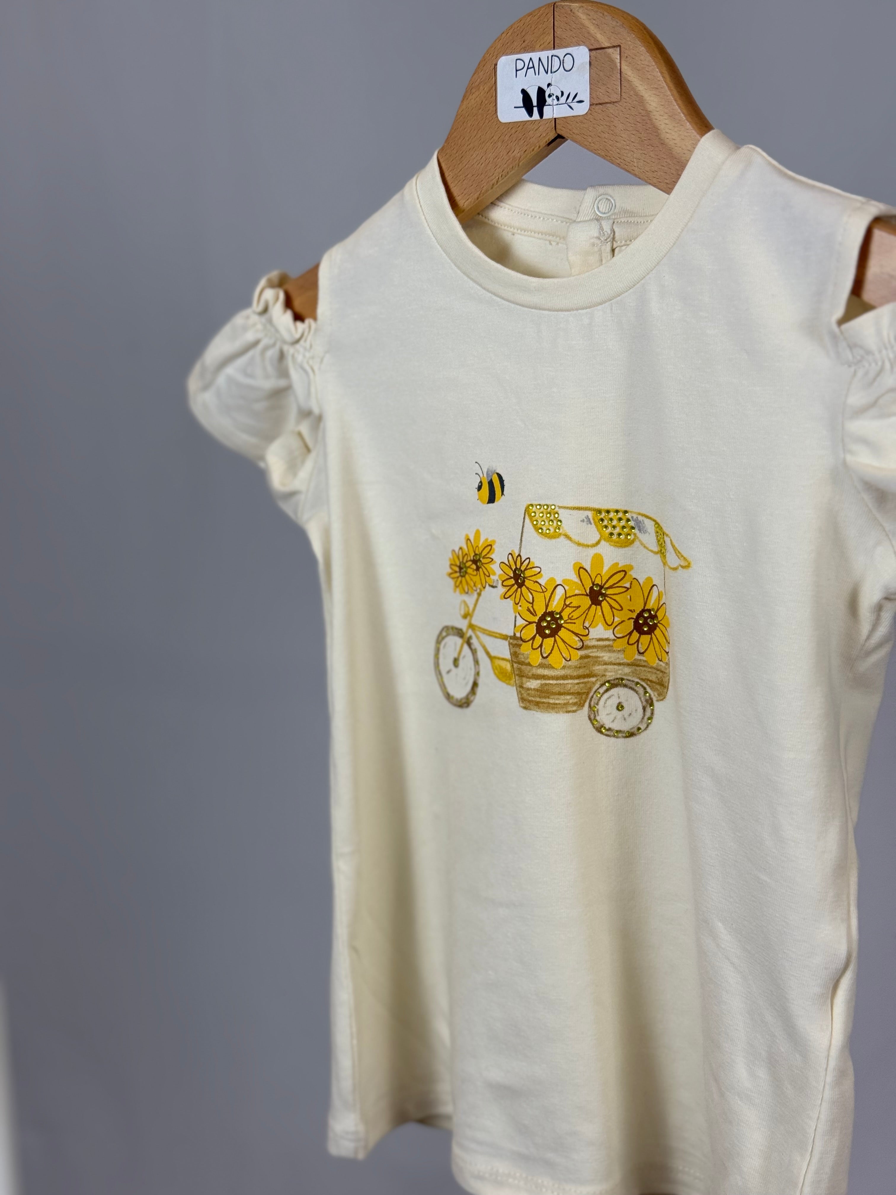 T-Shirt Bambina con Stampa Ape e Fiori – Maniche Arricciate