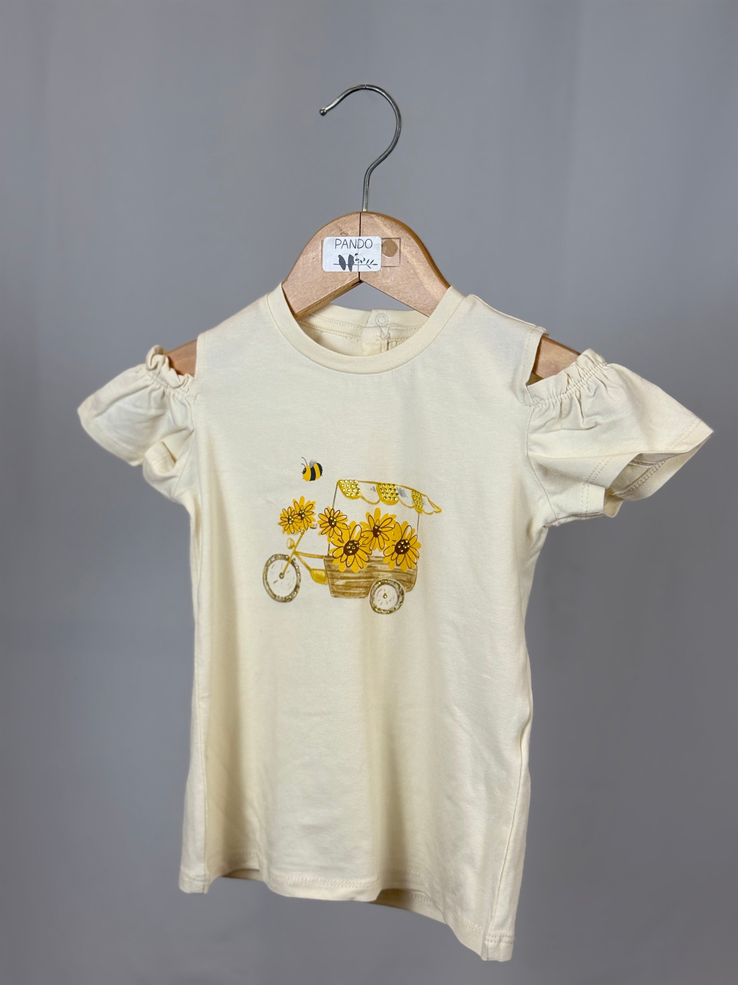 T-Shirt Bambina con Stampa Ape e Fiori – Maniche Arricciate