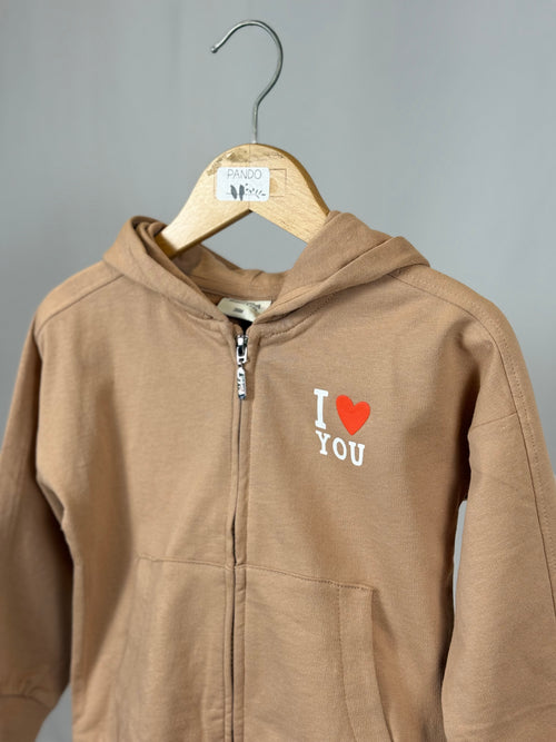 Felpa Bambina con Cappuccio “I Love You” Beige