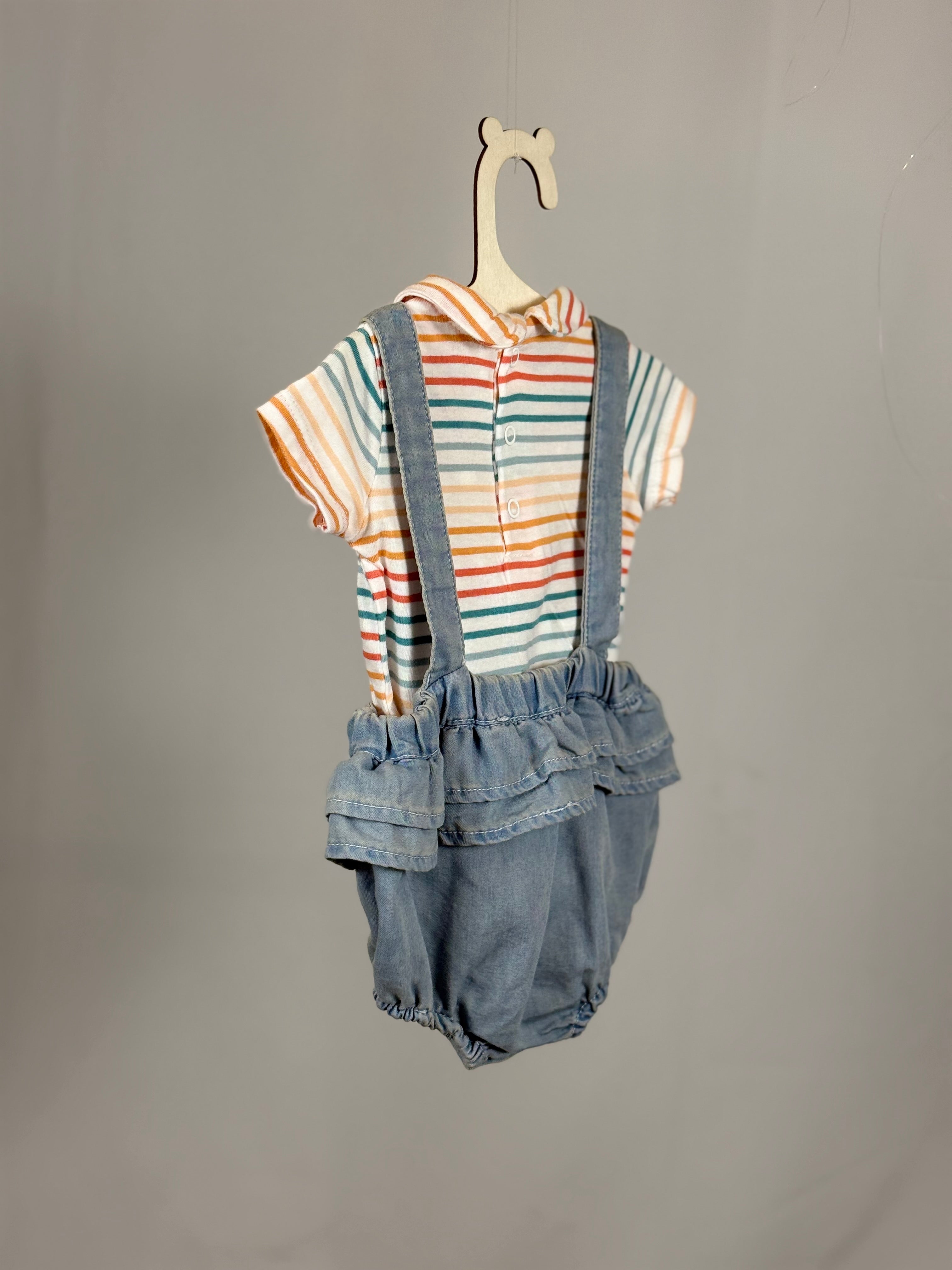 Completo Neonata 2 Pezzi Salopette Denim & T-Shirt Righe Multicolor