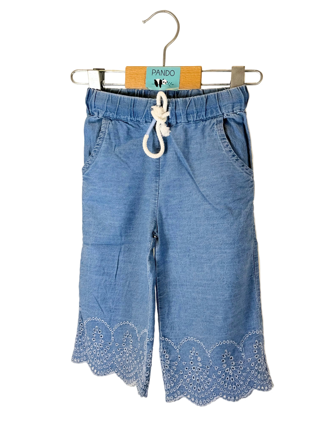 Pantaloni bambina denim leggero con ricamo sangallo