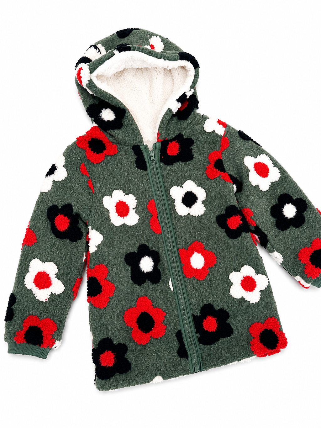 Giacca Teddy con Cappuccio Fantasia Fiori – Verde Salvia