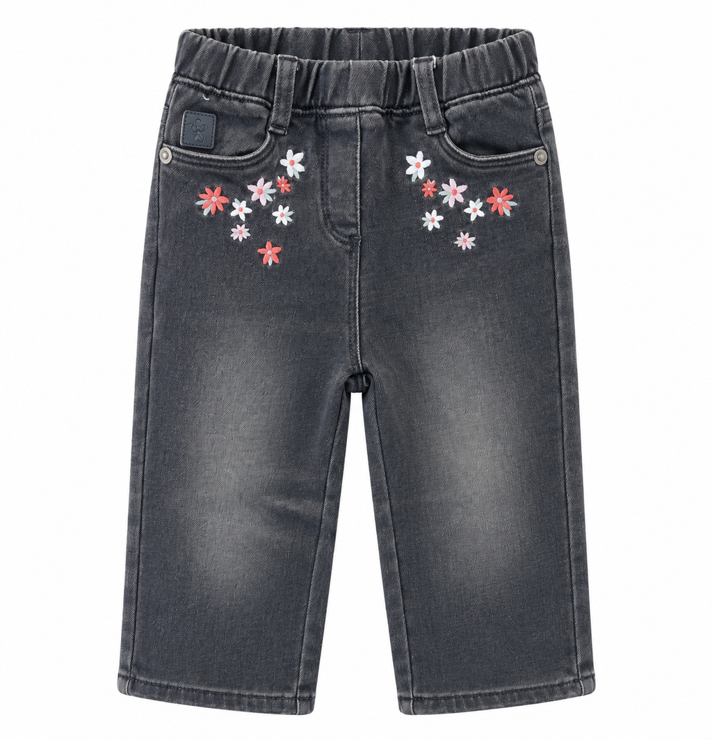 Jeans Baby Boboli Grigio con Fiori Ricamati
