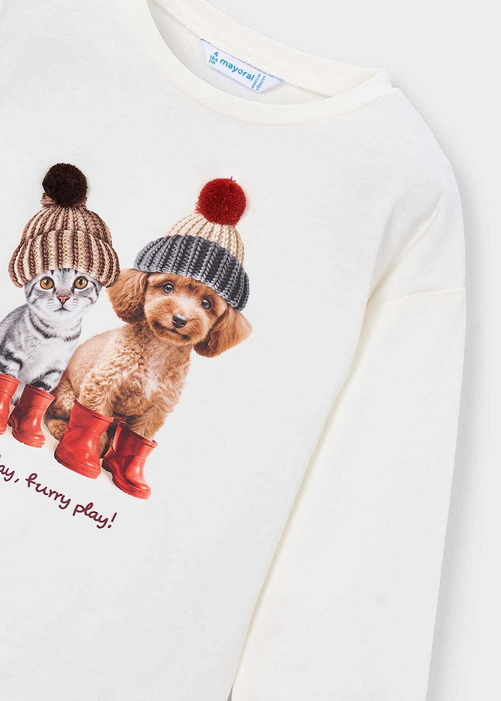 Maglia Bambina Mayoral Panna con Stampa Cagnolino e Gattino