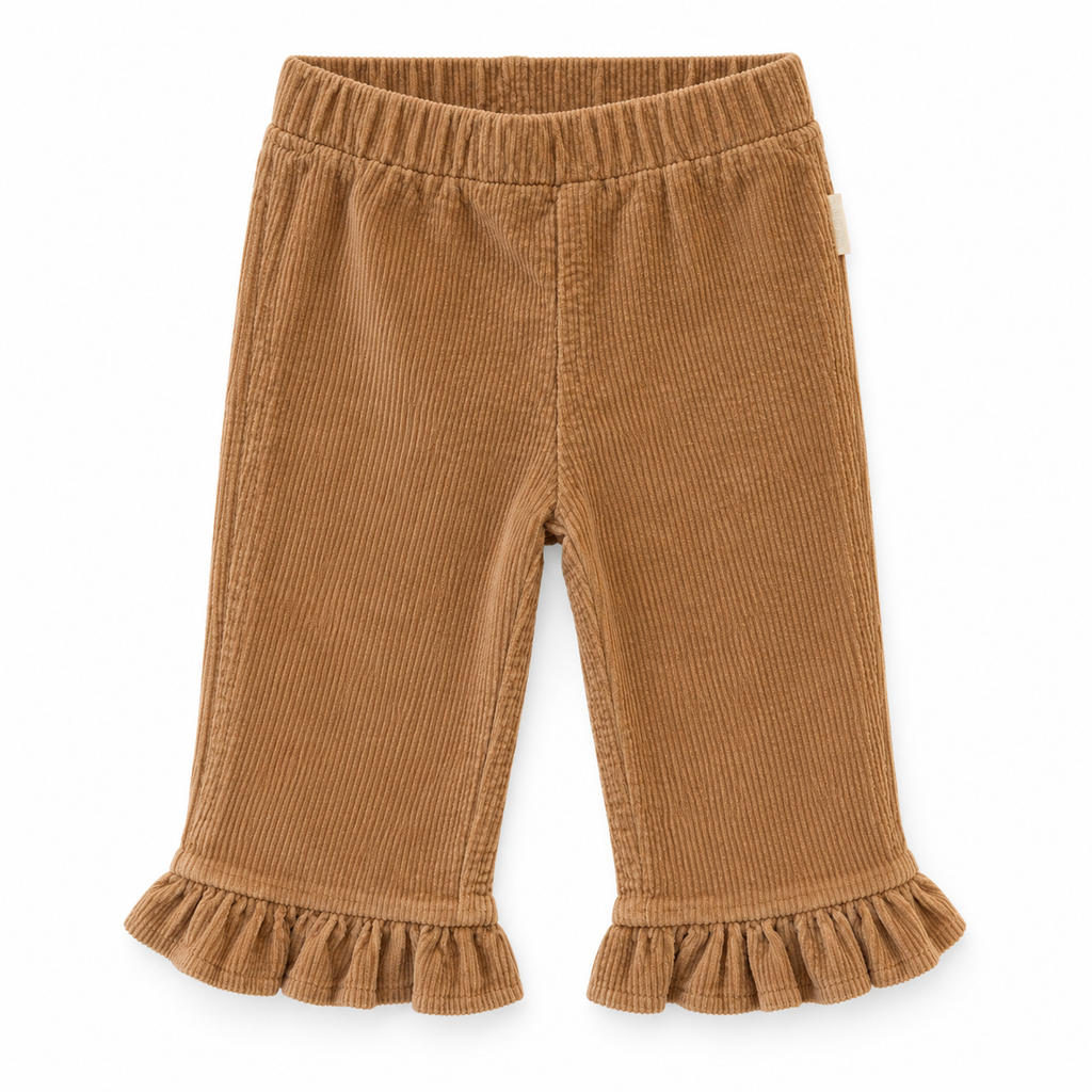 Pantaloni cammello in velluto a costine con volant