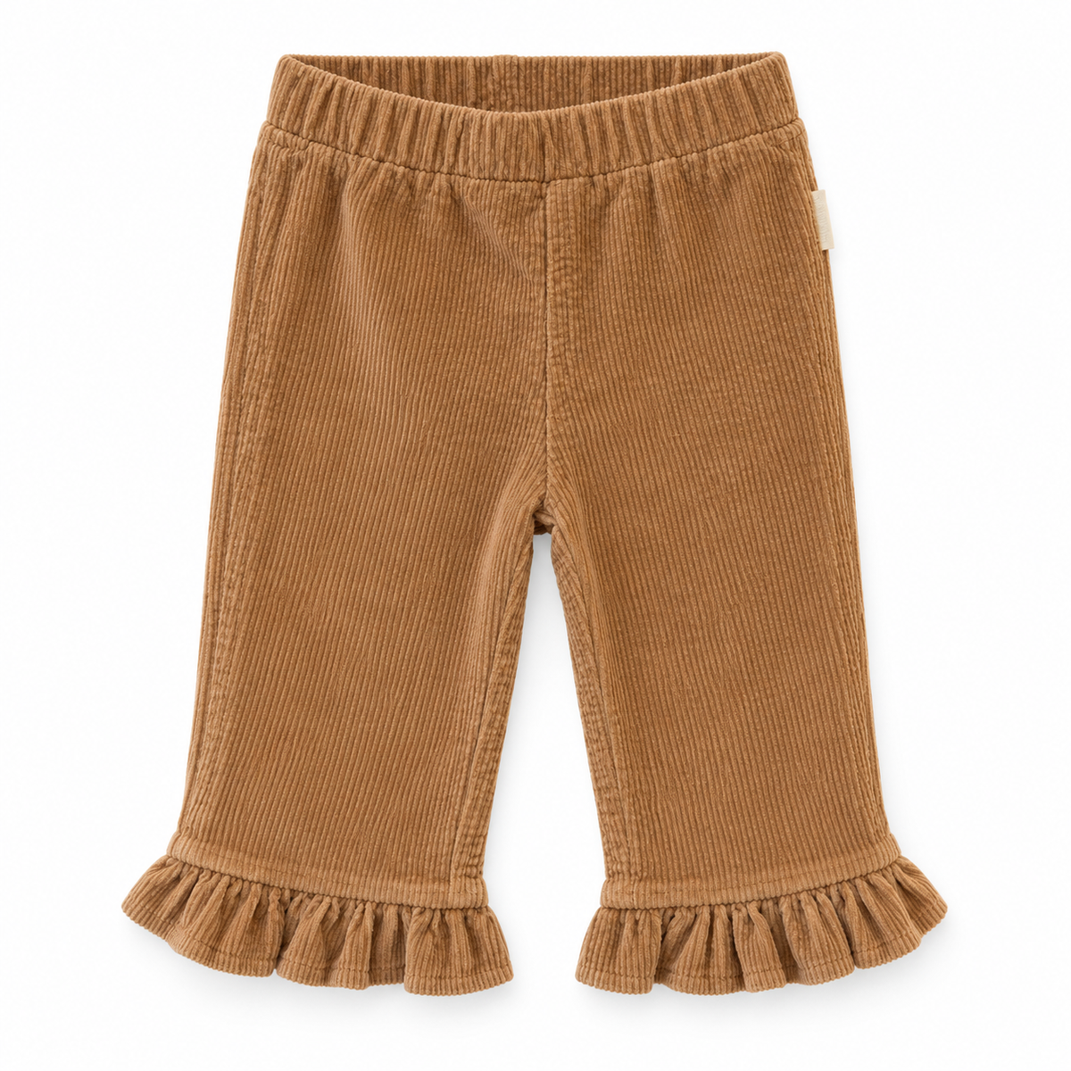 Pantaloni cammello in velluto a costine con volant
