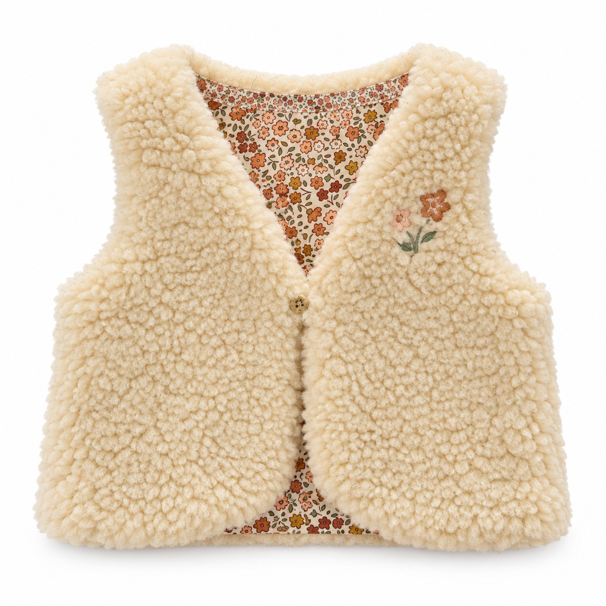 Gilet teddy panna con ricamo e fodera floreale