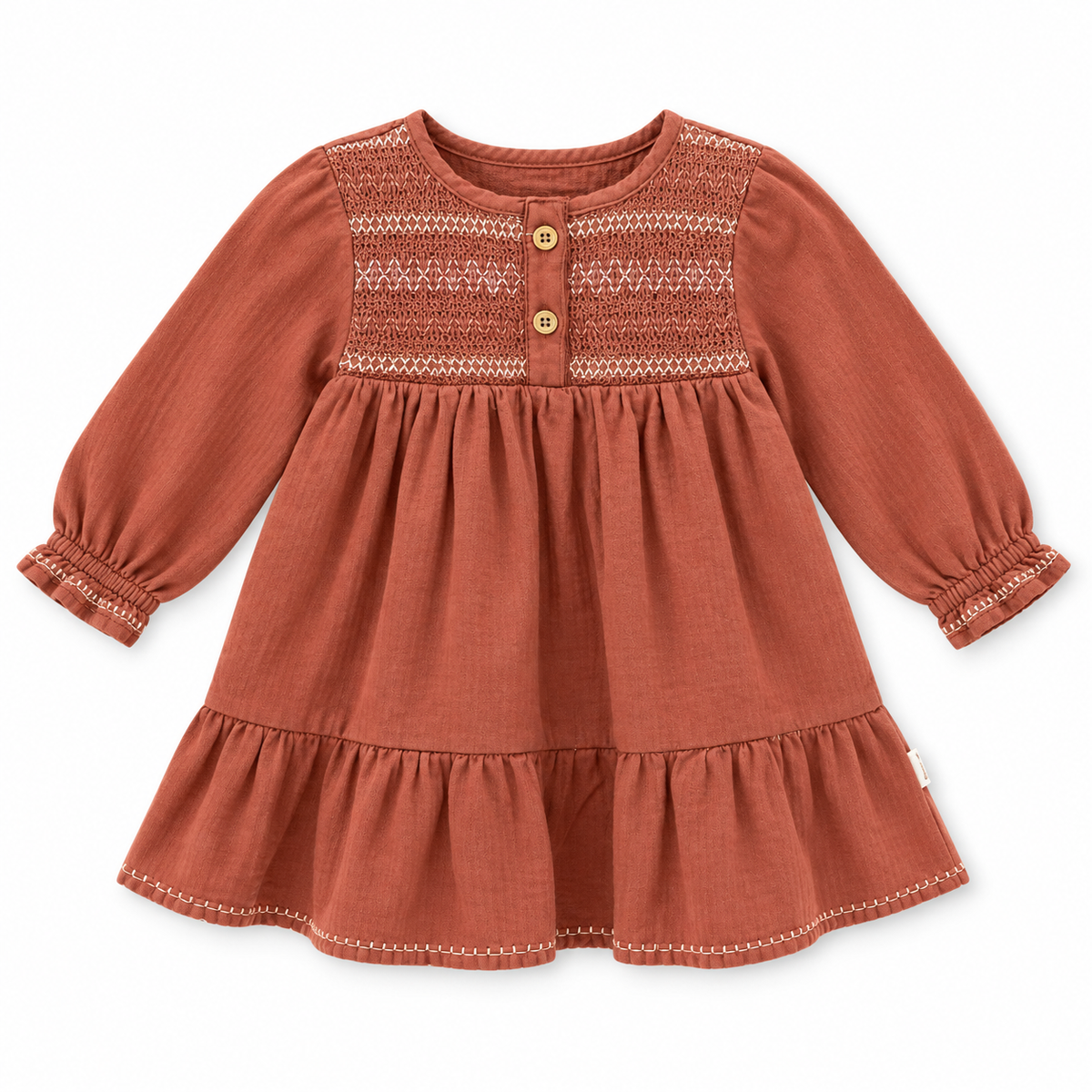 Vestito terracotta con ricami e balza