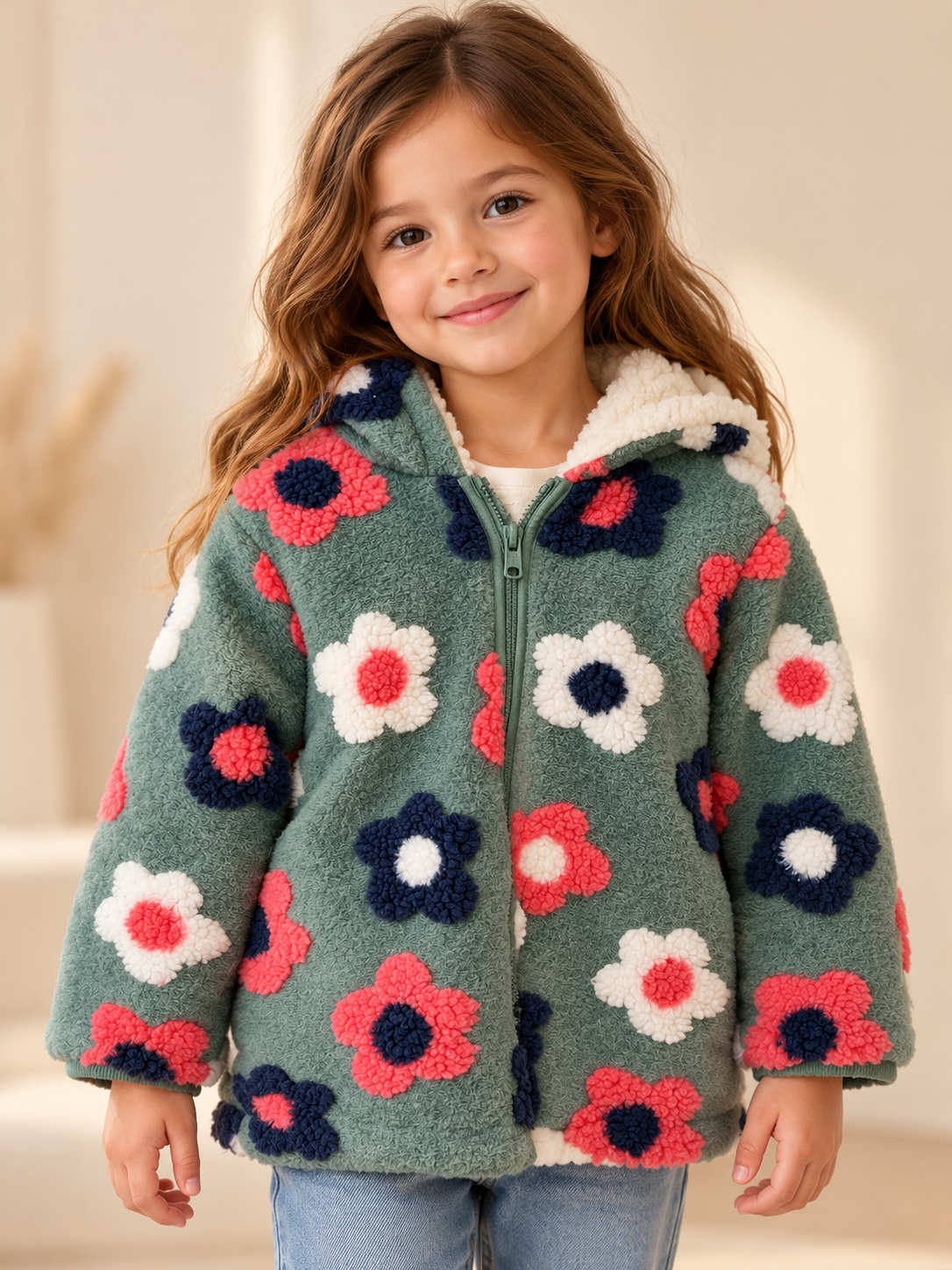 Giacca Teddy con Cappuccio Fantasia Fiori – Verde Salvia